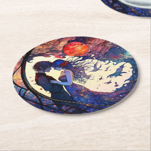 Couple Faux Stained Glass Round Paper Coaster