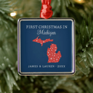 Couple First Christmas In Michigan USA State Metal Ornament