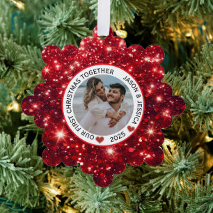 Couple First Christmas Name Photo Red Ornament Card