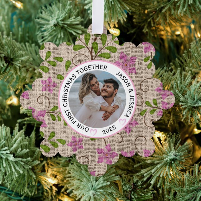 Couple First Christmas Pink Floral Ornament Card (Insitu (Tree))