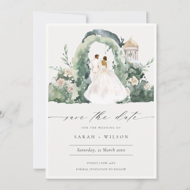 Couple Floral Arch Botanical Save the Date Card (Front)