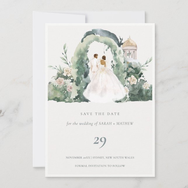 Couple Floral Arch Botanical Save the Date Card (Front)