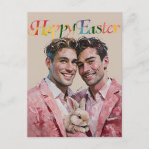 Couple gay en costume rose avec Bunny Pâques carte