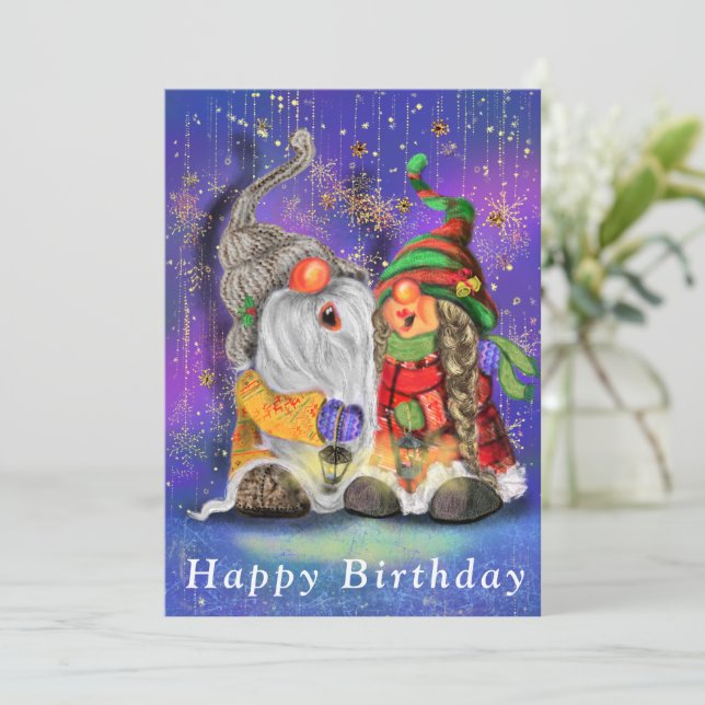 Couple Gnomes heureux chanter carte d'anniversaire (Debout devant)
