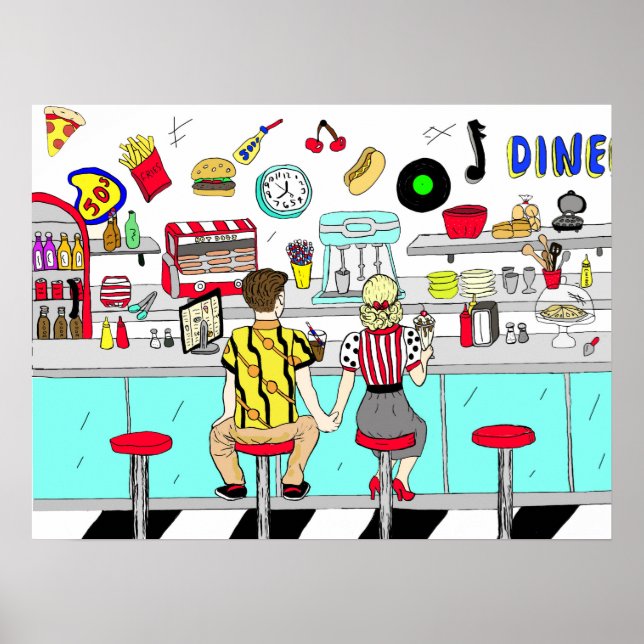 Couple Holding Hand Retro Nostalgic Fifties Diner Poster (Front)