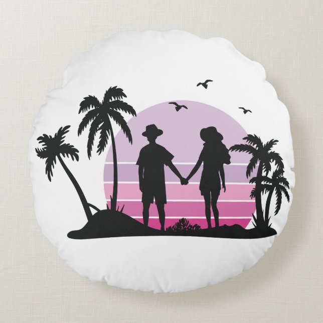 Couple Holding Hands at Sunset Round Pillow (Front)