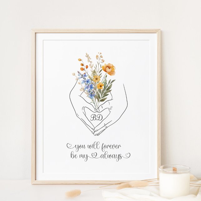 Couple Holding Hands Heart Shape Floral Line Art Poster (Creator Uploaded)