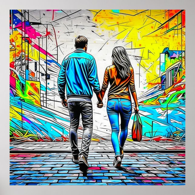 Couple Holding Hands Urban Graffiti Art Poster (Front)