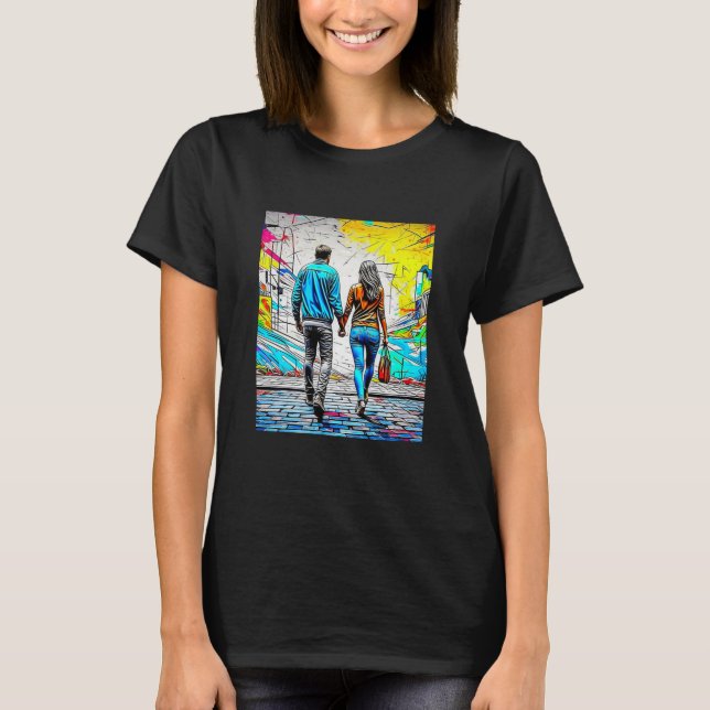 Couple Holding Hands Urban Street Art T-Shirt (Front)