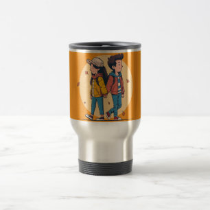Couple holding hands walking together in fall travel mug