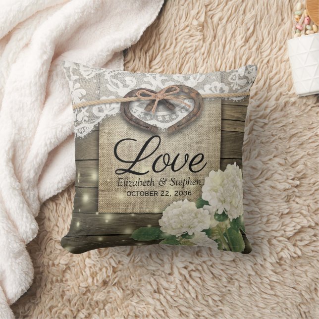 Couple Horseshoe Heart Lace Hydrangea Wood Wedding Throw Pillow (Blanket)