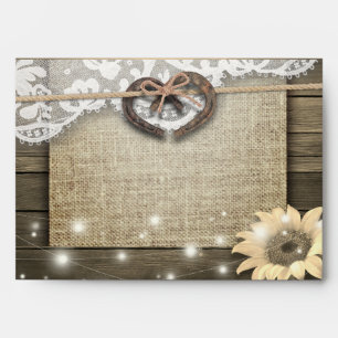 Couple Horseshoe Heart Lace Sunflower Wood Wedding Envelope