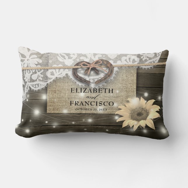 Couple Horseshoe Heart Lace Sunflower Wood Wedding Lumbar Pillow (Front)