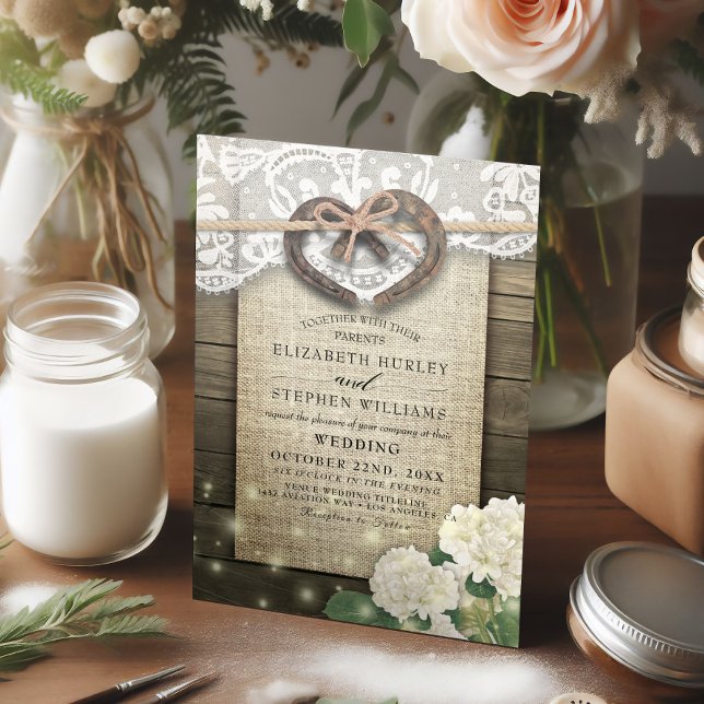 Couple Horseshoe Heart Lace Wood Hydrangea Wedding Invitation (Creator Uploaded)