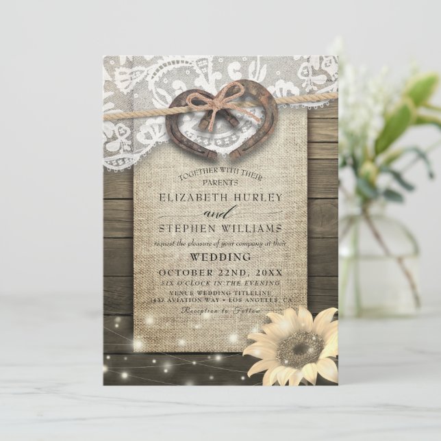 Couple Horseshoe Heart Lace Wood Sunflower Wedding Invitation (Standing Front)