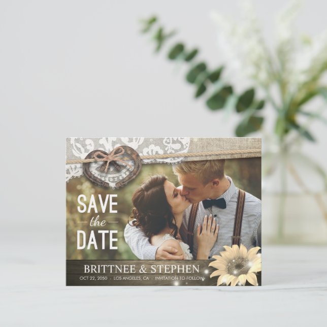 Couple Horseshoe Sunflower Wedding Save Date PHOTO Postcard (Standing Front)