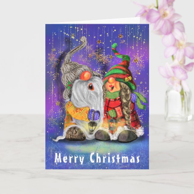 Couple Hugged Gnomes Singing Happy Christmas Song  Card (Orchid)