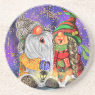 Couple Hugged Gnomes Singing Happy Christmas Song Coaster