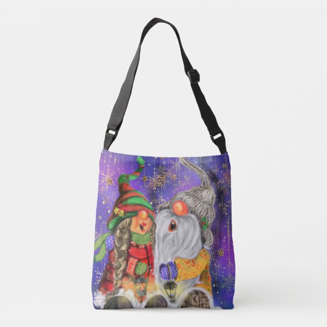 Couple Hugged Gnomes Singing Happy Christmas Song Crossbody Bag (Back)
