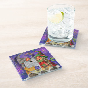 Couple Hugged Gnomes Singing Happy Christmas Song  Glass Coaster