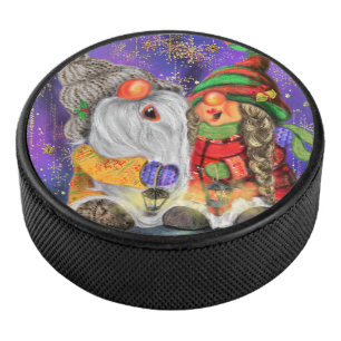 Couple Hugged Gnomes Singing Happy Christmas Song Hockey Puck