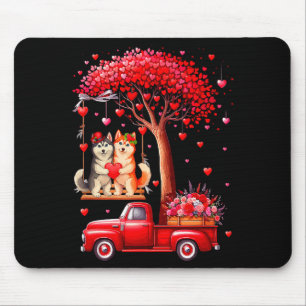Couple Huskies Valentine Hearts Tree Pickup Truck Mouse Pad