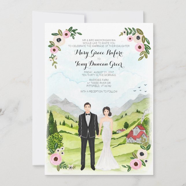 Couple Illustrated Portrait Wedding Landscape Card (Front)