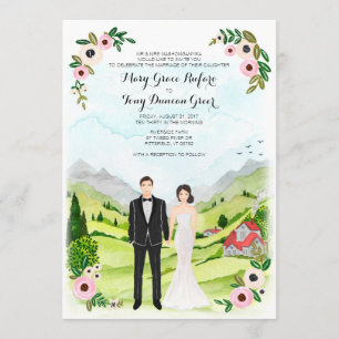 Couple Illustrated Portrait Wedding Landscape Card
