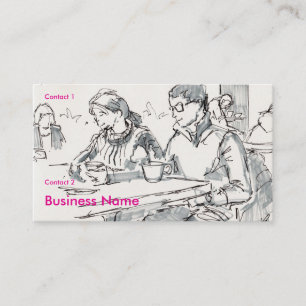 Couple in cafe drawing business card