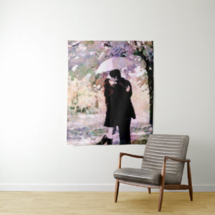 Couple in Love Kissing In The Rain Abstract Art Tapestry