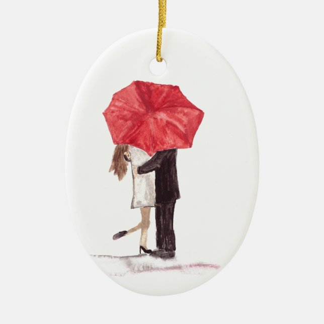 Couple in love under red umbrella ceramic ornament (Front)