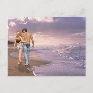 Couple in Love Walking on Beach into the Sunset Postcard