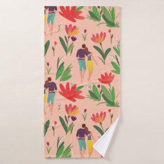 couple in love walks among flowers bath towel