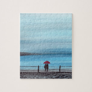 Couple in love with red umbrella Valentines day Jigsaw Puzzle
