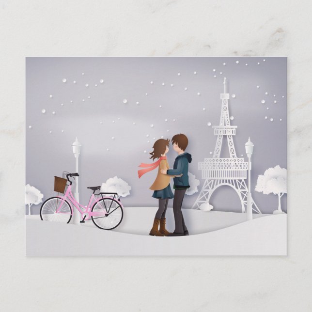 Couple in Snowy Paris with Eiffel Tower Postcard (Front)