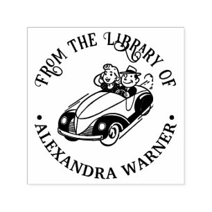 Couple in Vintage Car Round Library Book Name Self-inking Stamp