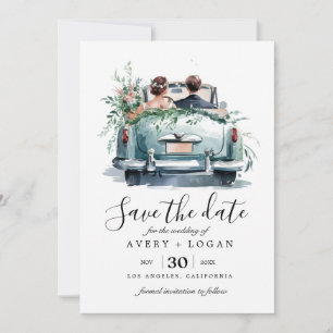 couple in vintage car watercolor save the date invitation
