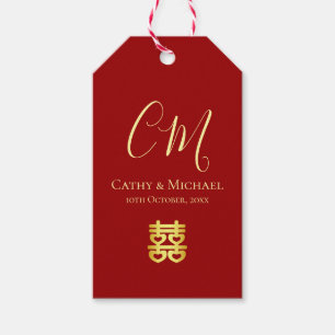 Couple initials modern Chinese wedding red Gift Tags