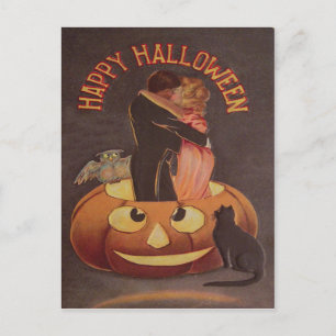 Couple Kissing Owl Jack O Lantern Black Cat Postcard