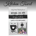 Couple kitchen est date coffee photo black kitchen towel<br><div class="desc">Transform your kitchen with our personalized Kitchen towel! Featuring names, year of establishment, and the charming phrase "Coffee and Tea Served Daily, " this towel is a cozy and functional addition. Perfect for wiping, displaying, or gifting, it adds a warm, personalized touch to your space. Pair it with a photo...</div>