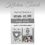 Couple kitchen est date coffee photo grey kitchen towel<br><div class="desc">Transform your kitchen with our personalized Kitchen towel! Featuring names, year of establishment, and the charming phrase "Coffee and Tea Served Daily, " this towel is a cozy and functional addition. Perfect for wiping, displaying, or gifting, it adds a warm, personalized touch to your space. Pair it with a photo...</div>