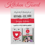 Couple kitchen est date coffee photo red kitchen towel<br><div class="desc">Transform your kitchen with our personalized Kitchen towel! Featuring names, year of establishment, and the charming phrase "Coffee and Tea Served Daily, " this towel is a cozy and functional addition. Perfect for wiping, displaying, or gifting, it adds a warm, personalized touch to your space. Pair it with a photo...</div>