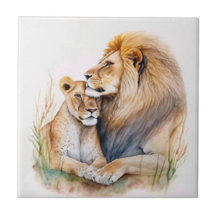 Couple lion male & female in love for lion lovers tile