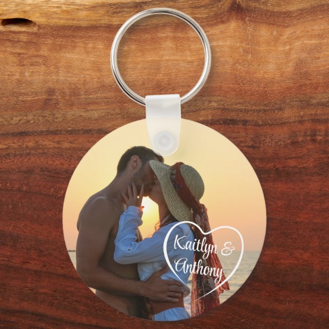 Couple Love Heart Photo Names Keychain (Front)