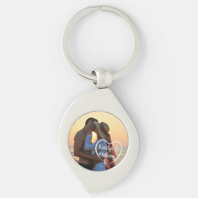 Couple Love Heart Photo Names Keychain (Front)