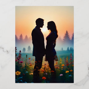 Couple Love Romantic Sunset Silhouette Beautiful  Foil Holiday Postcard