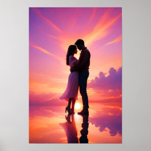 Couple Love Romantic Sunset Silhouette Beautiful  Poster