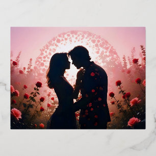 Couple Love Romantic Sunset Silhouette Wedding Foil Holiday Postcard