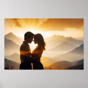 Couple Love Romantic Sunset Silhouette Wedding Poster