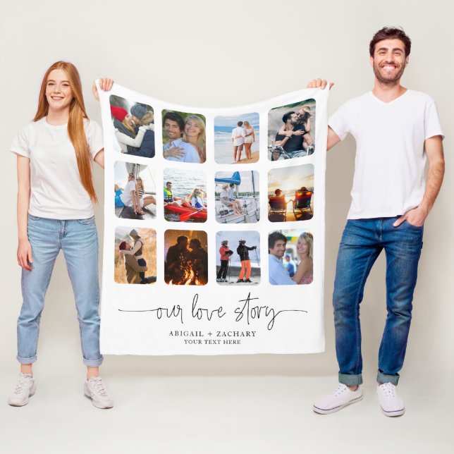 Couple LOVE STORY 12 Photo Collage Names Custom Fleece Blanket (In Situ)